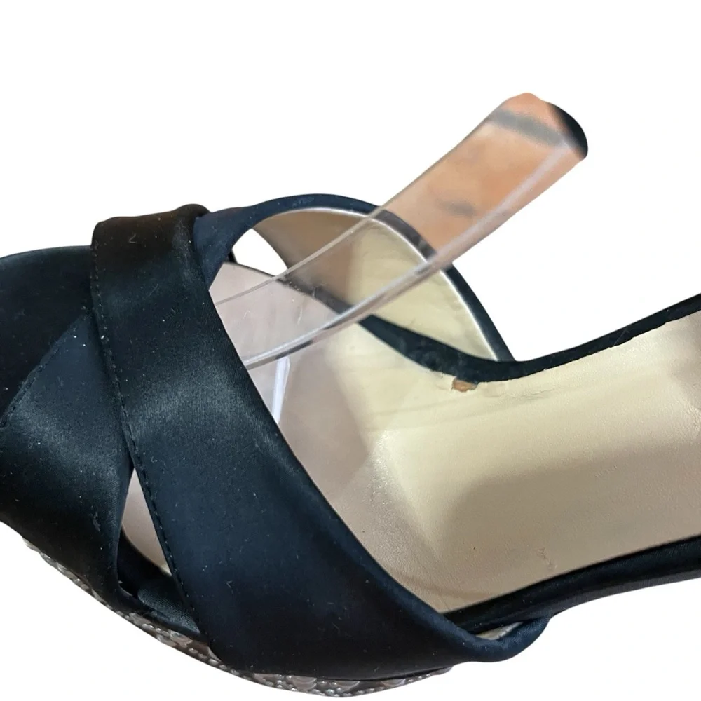 Chic Black Satin Platform Heel Sandals with Silver Studded‎ Accents Ankle strap